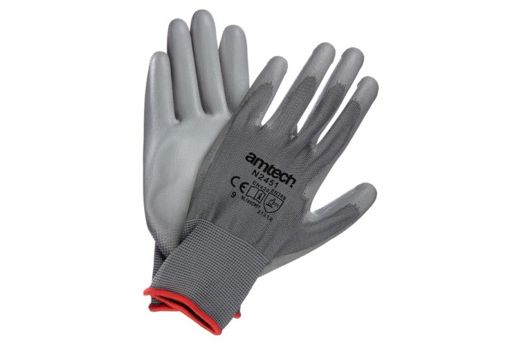 Light Duty PU Coated Palm Gloves Grey Large (Size: 9)