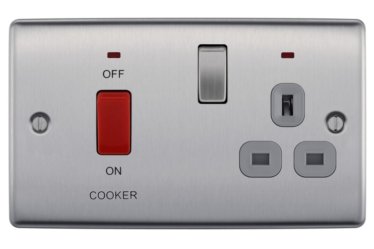 NEXUS METAL BRUSHED STEEL 45A COOKER CONTROL UNIT WITH SWITCHED 13A POWER SOCKET, INCLUDES POWER INDICATORS