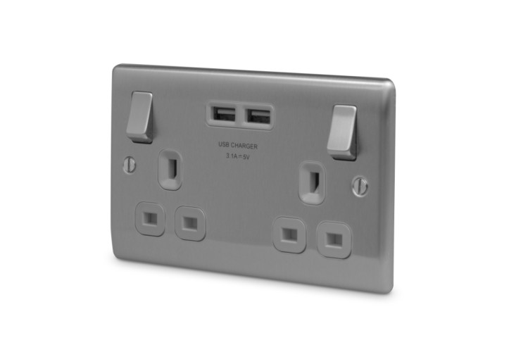 NEXUS METAL BRUSHED STEEL DOUBLE SWITCHED 13A POWER SOCKET WITH USB CHARGING - 2X USB SOCKETS (3.1A)