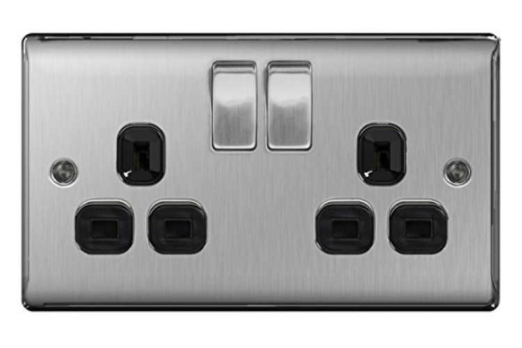 Bg Electrical  Bg-Nexus-Metal Double 13A Plug Socket,Brushed Steel Finish,Black Inserts