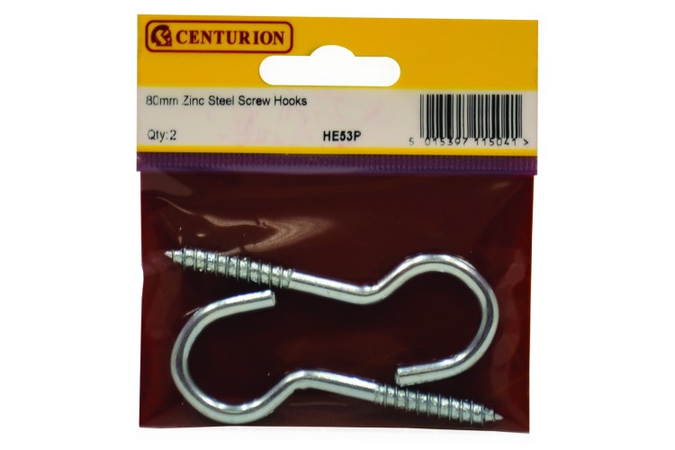 Cen 80Mm X 5Mm Zinc Plated Steel Screw Hooks (Pack Of 2) HE53P