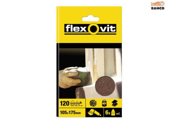 Flexovit Detail Hook & Loop Sanding Sheets 105X175Mm Fine 120G (Pack Of 6)
