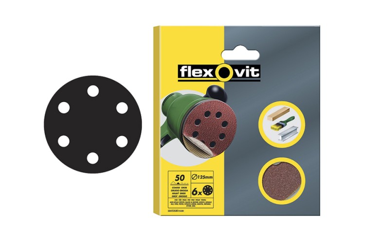 Flexovit Hook & Loop Sanding Discs 150Mm Coarse 50G (Pack Of 6)