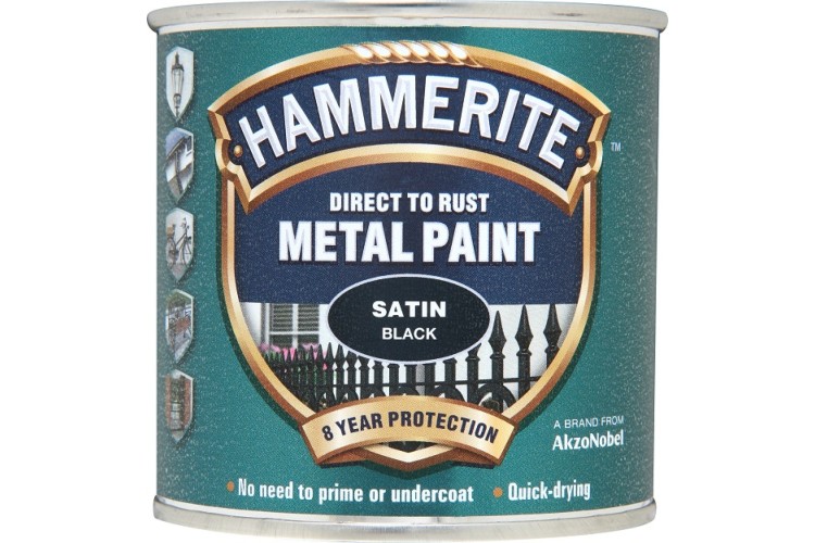 Hammerite Satin Direct To Rust Metal Paint Black 250ml