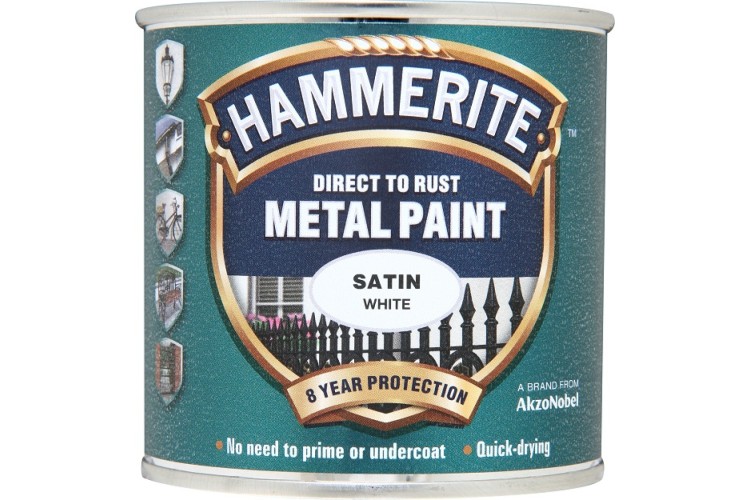 Hammerite Satin Direct To Rust Metal Paint White 250ml