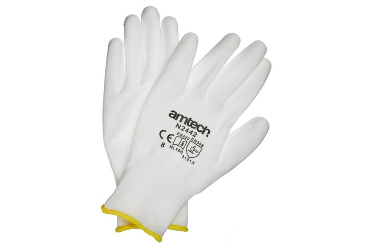 Light Duty PU Coated Work Gloves White Medium (Size: 8)