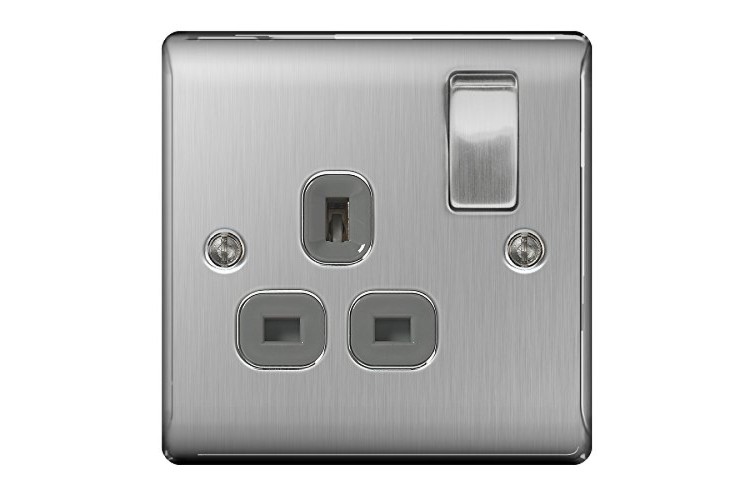Masterplug  Nbs21G 13 A 1-Gang Metal Brushed Steel Double Pole Switched Socket - Grey Insert