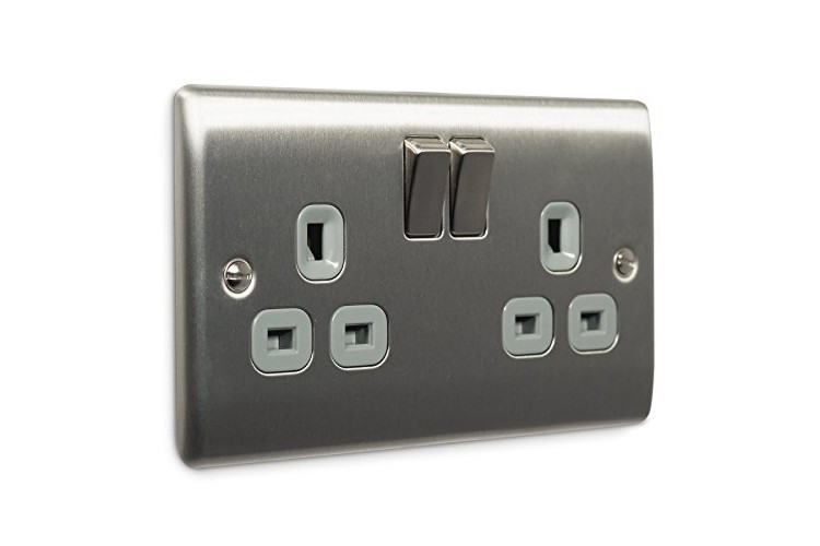 Masterplug  Nbs22G 13 A 2-Gang Metal Brushed Steel Double Pole Switched Socket - Grey Insert
