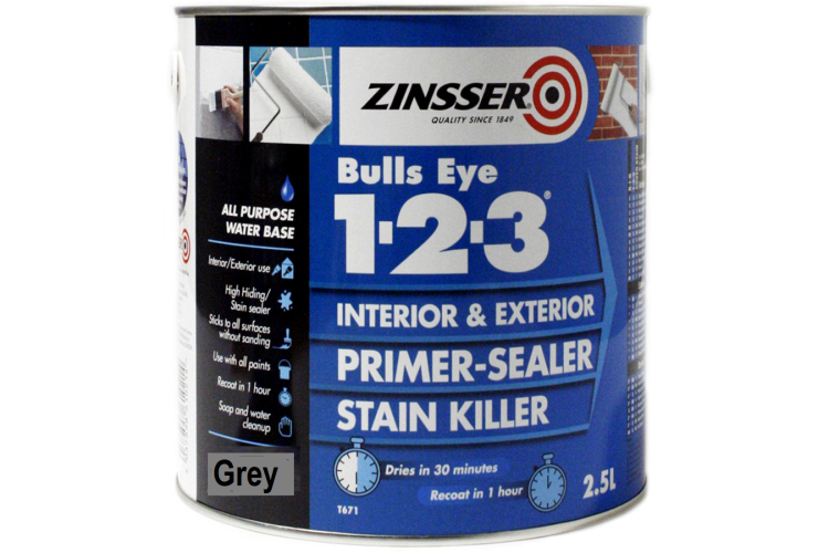 Zinsser 123 Bulls Eye Primer  Sealer Paint 2.5L Grey